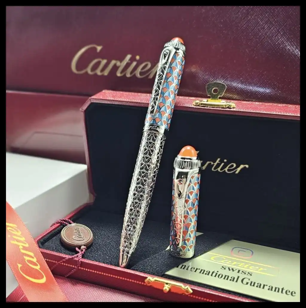 قلم كارتير باشا غطاء مزخرف ازرق وبرتقالي وفضي