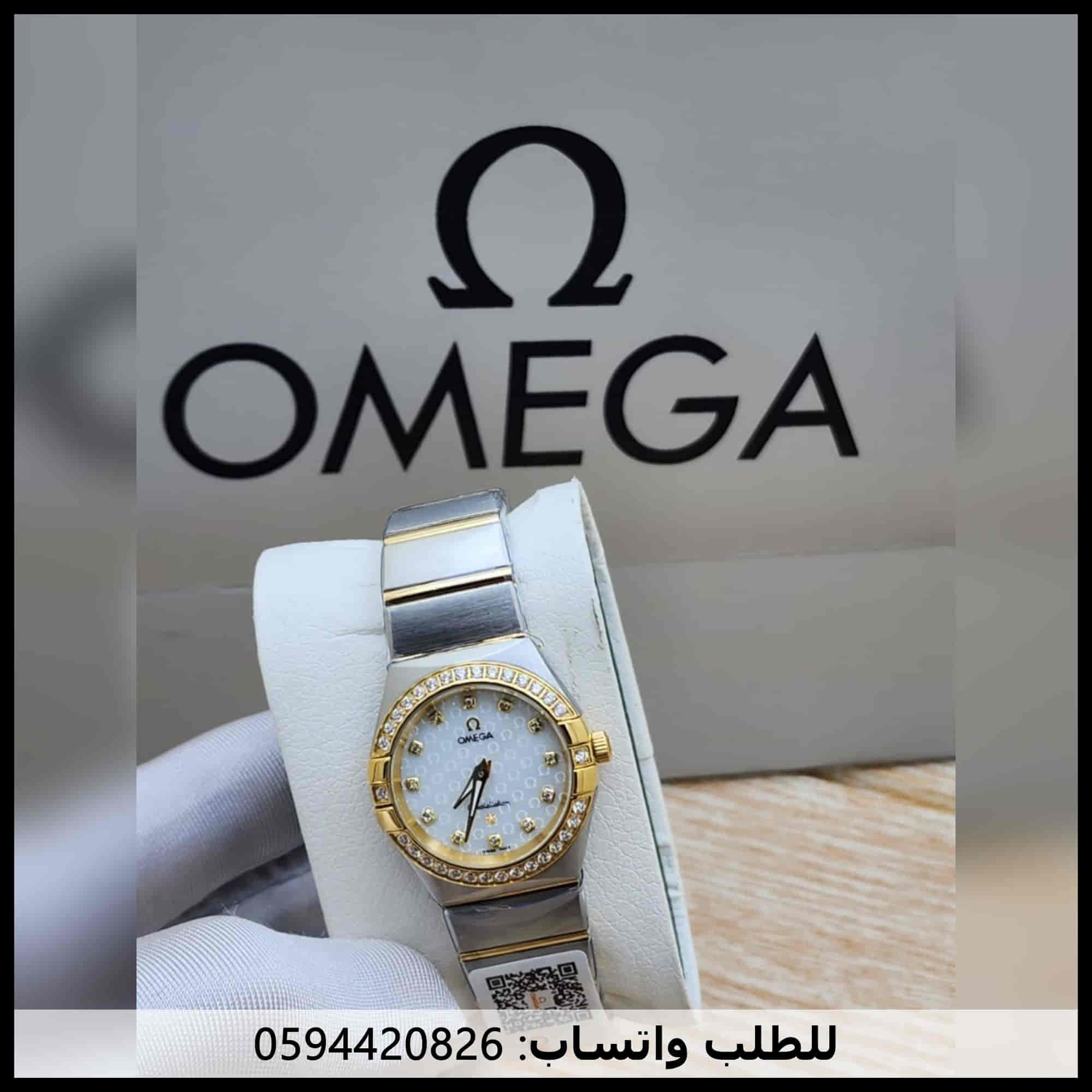 ساعات اوميغا نسائي فضي واطار ذهبي