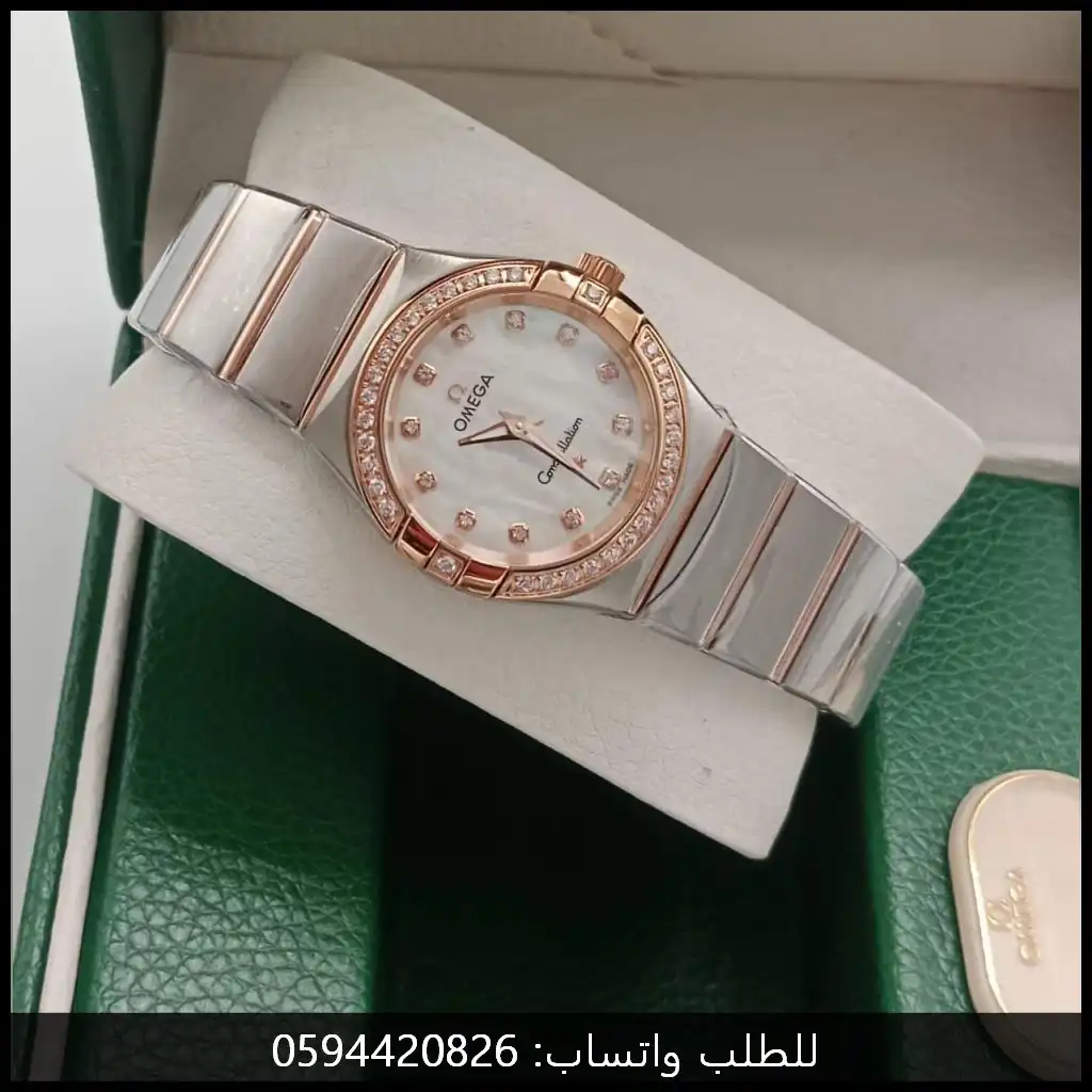 ساعة أوميغا نسائية روز قولد وفضي مع مينا ابيض واطار مرصع