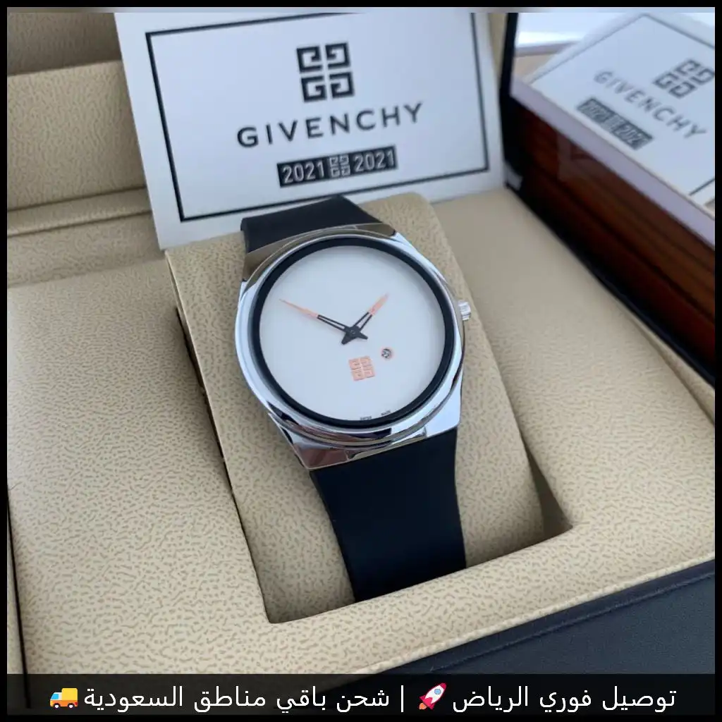ساعة جيفنشي Givenchy سوار ربل اسود ومينا أبيض