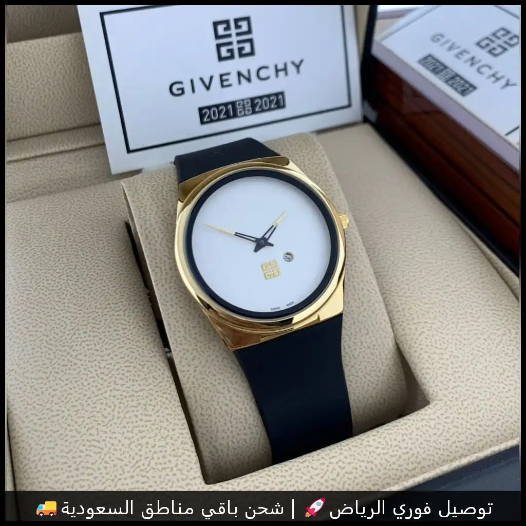 ساعة جيفنشي رجالي ربل أسود اطار ذهبي مينا ابيض