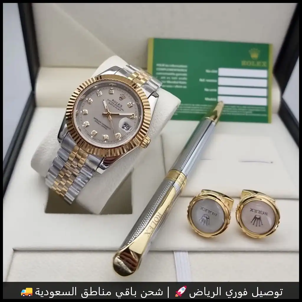 ساعة رولكس ديت جست رجالي رمادية مع قلم وكبك