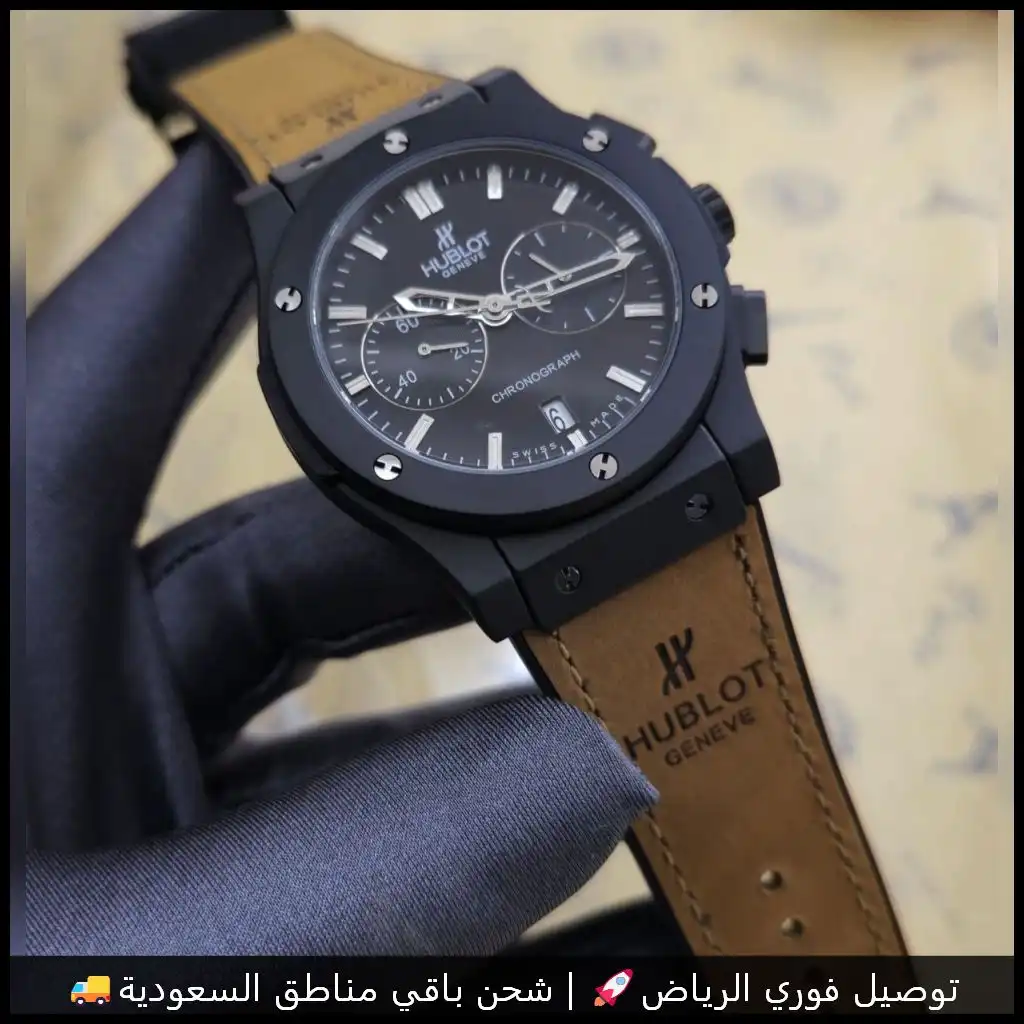 ساعة هوبلت رجالية كرونوغراف مينا أسود وسوار بني تقليد درجة أولى