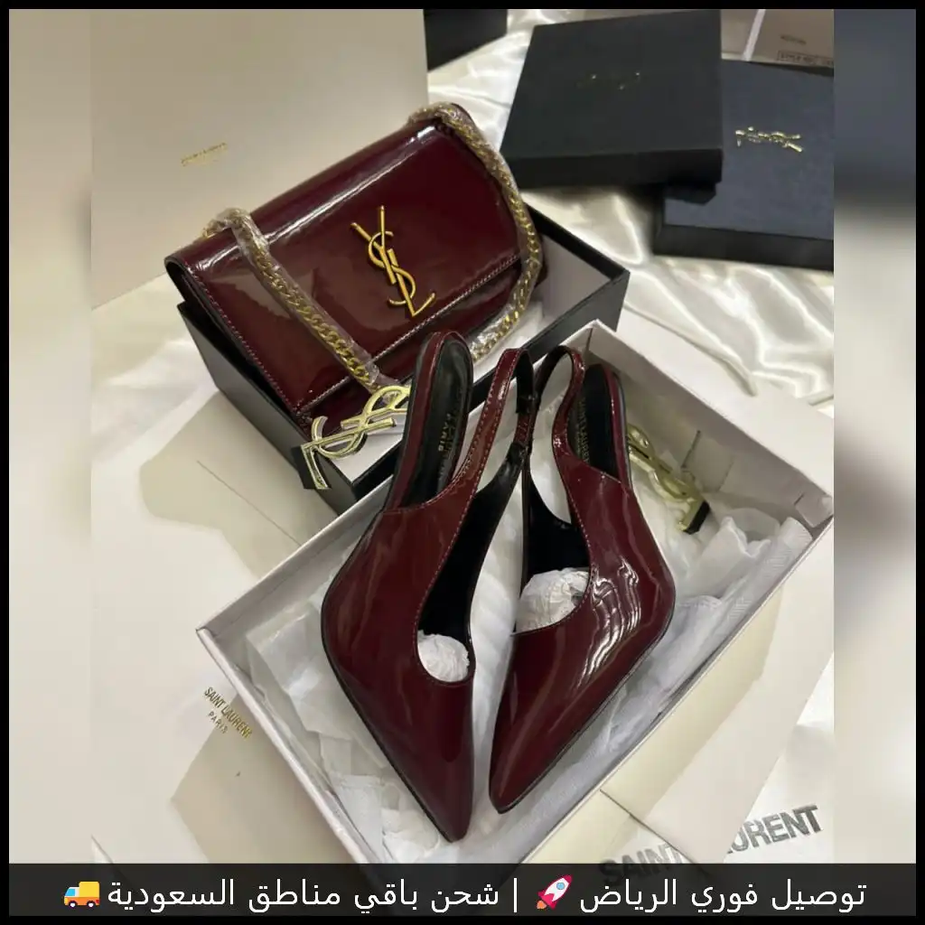 طقم سان لوران عنابي شنطة وكعب