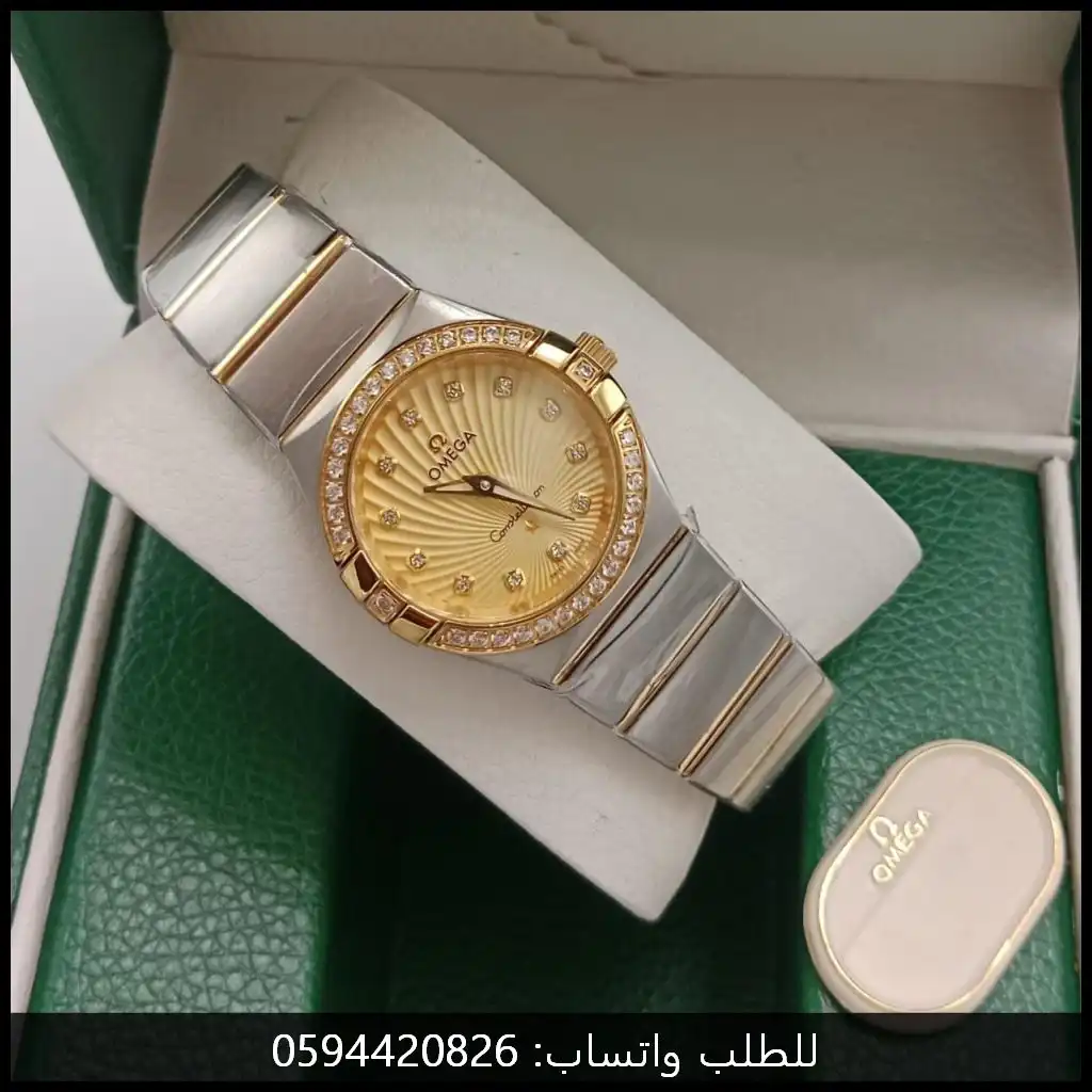 ساعة أوميغا بمينا ذهبي وسوار فضي ذهبي