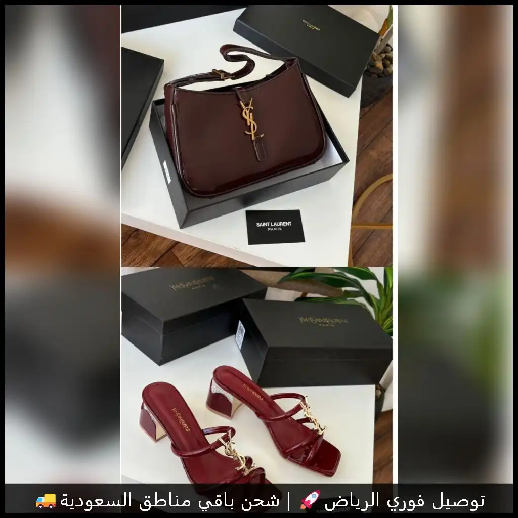 طقم سان لوران نسائي – شنطة + صندل كعب بلون عنابي