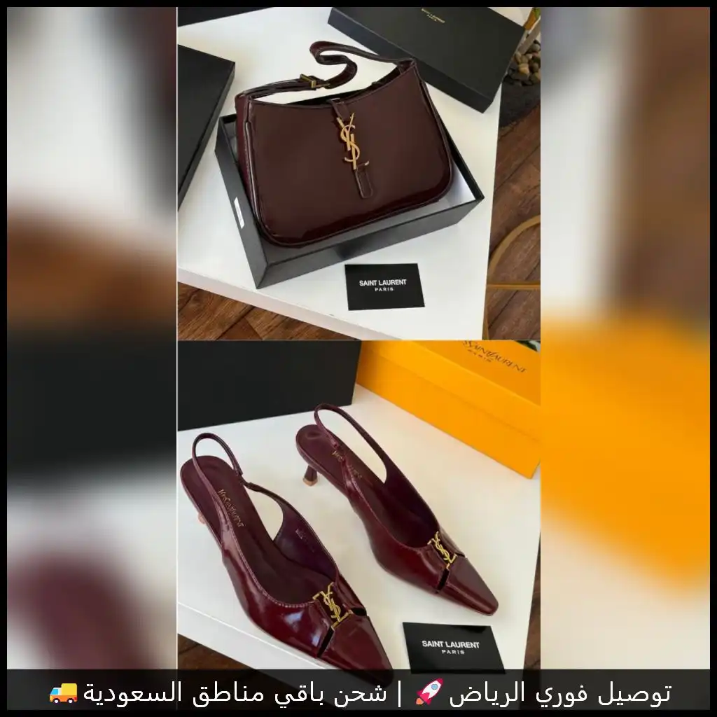 طقم سان لوران نسائي – شنطة + صندل كعب بلون عنابي