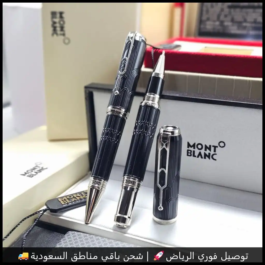 قلم مونت بلانك موديل فيكتور هوجو اسود مع تفاصيل فضيه