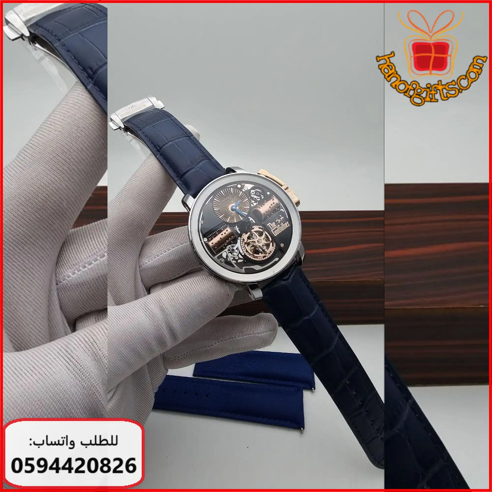 ساعة جاكوب آند كو أوبرا ميوزيكال بمينا أسود وسير جلد أزرق