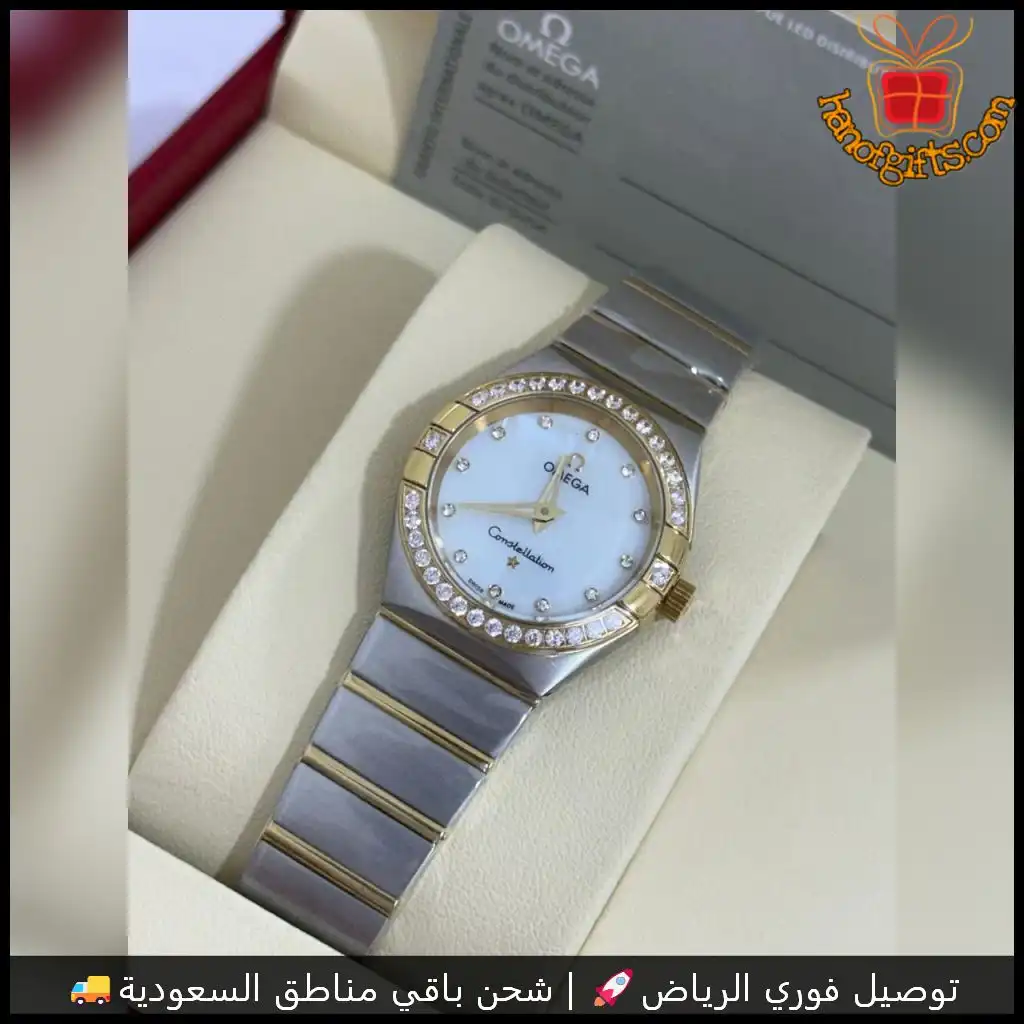 ساعة أوميغا نسائية بفصوص مع مينا أبيض