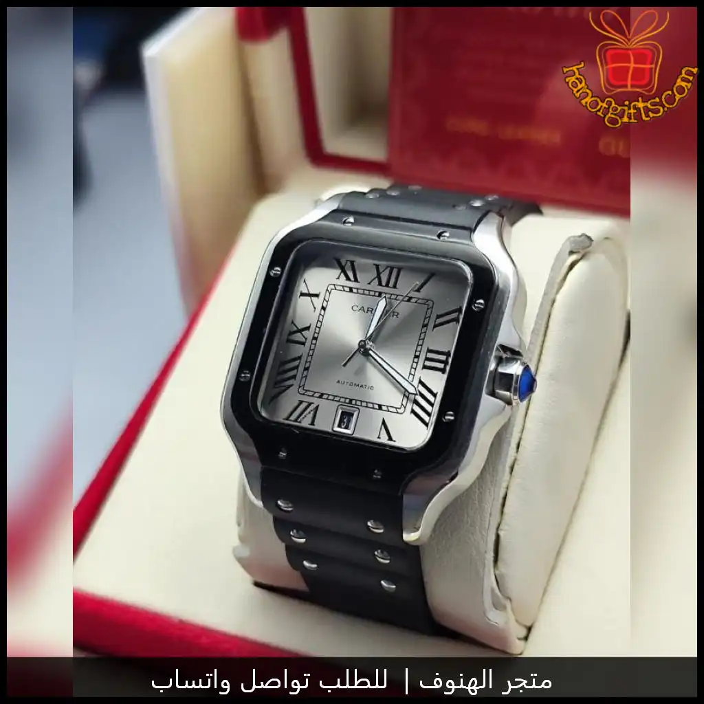 ساعة Cartier Santos رجالية جلد اسود مينا فضي