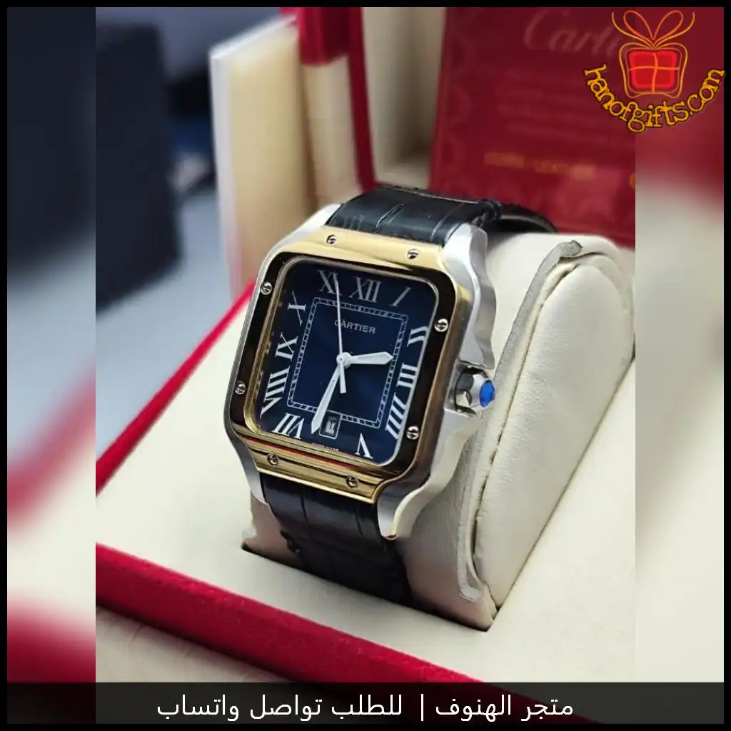 ساعة Cartier Santos رجالية مينا كحلي سير جلد اسود