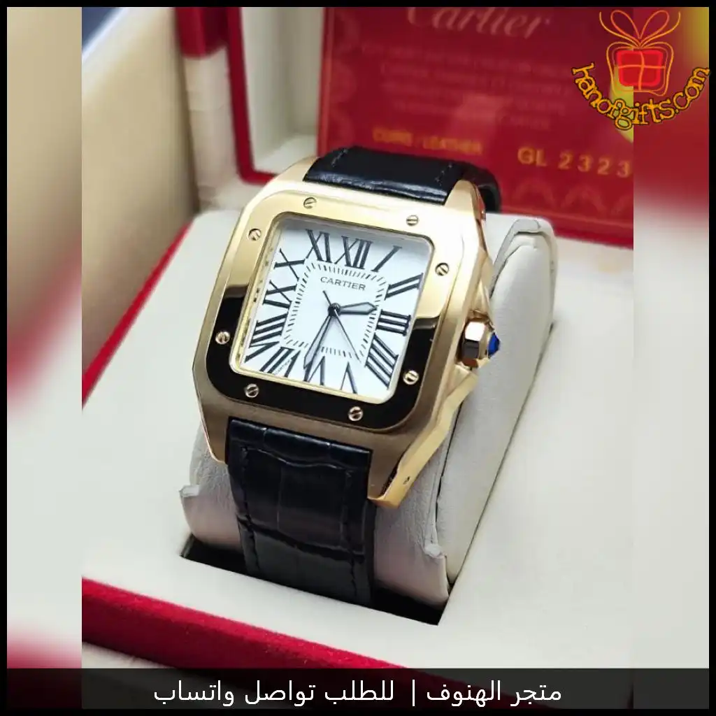 ساعة كارتير سانتوس رجالية مينا أبيض وإطار ذهبي مع سير جلد أسود
