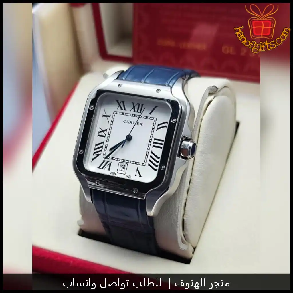 ساعة كارتير سانتوس جلد ازرق بمينا أبيض كلاسيكي