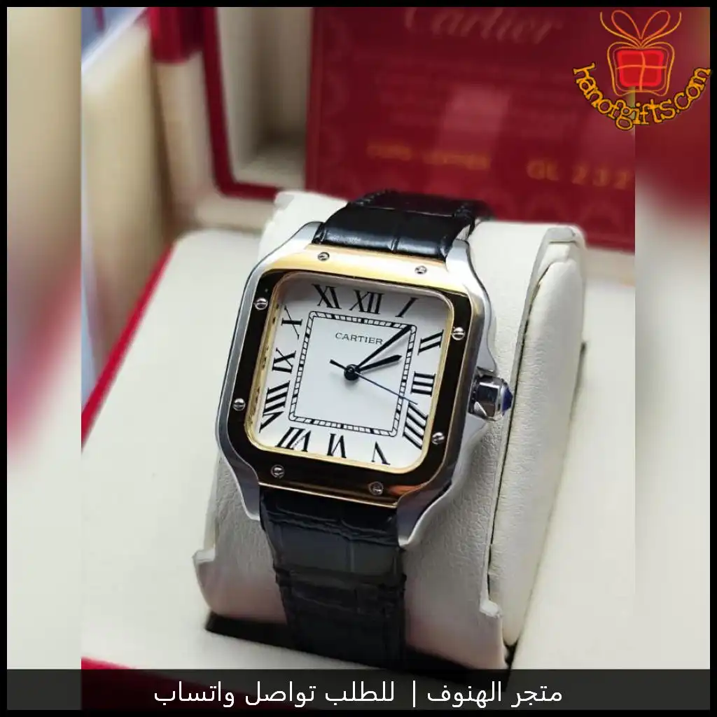 ساعة كارتير سانتوس اطار فضي وذهبي مع جلد اسود