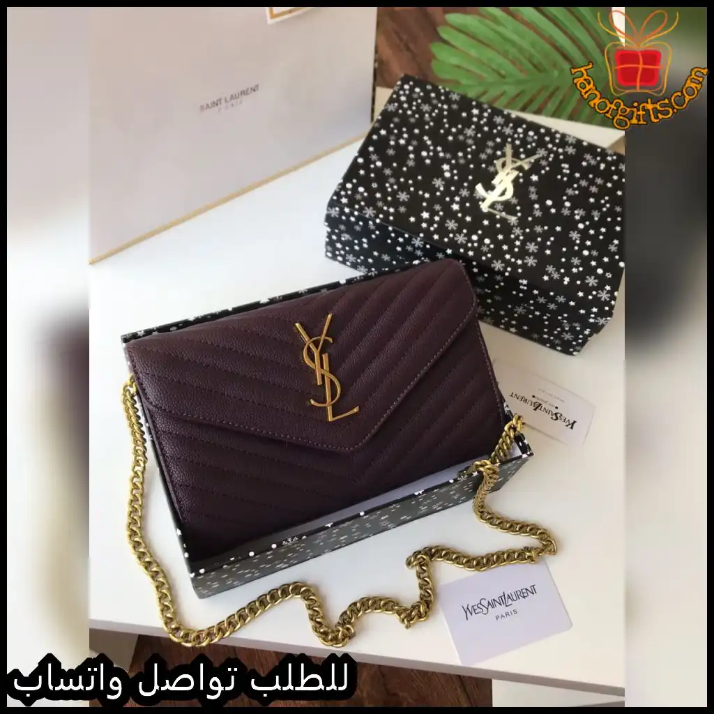 شنطة سان لوران نسائية عنابي بسلسلة ذهبية