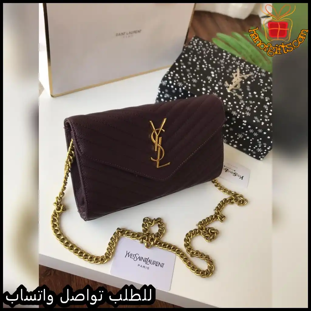 شنطة سان لوران نسائية عنابي بسلسلة ذهبية