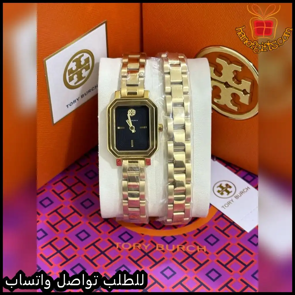 ساعة Tory Burch نسائية بمينا أسود وسوار ذهبي طويل