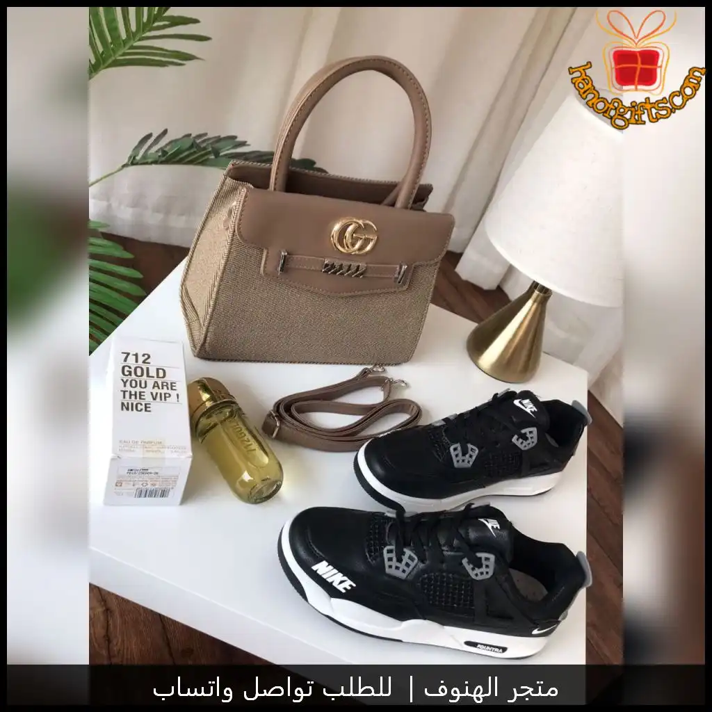 طقم قوتشي نسائي شنطة بني فاتح مع شوز Nike