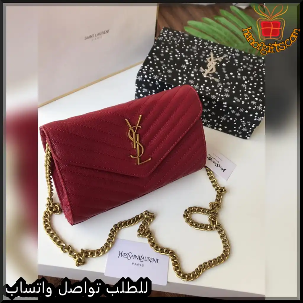 شنطة سان لوران نسائية عنابية بسلسلة ذهبية