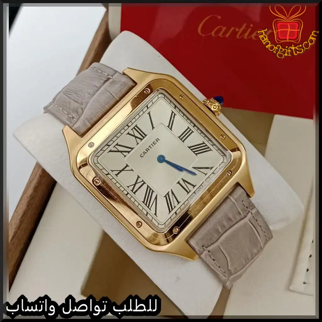 ساعة كارتير سانتوس سير جلد رمادي اطار ذهبي