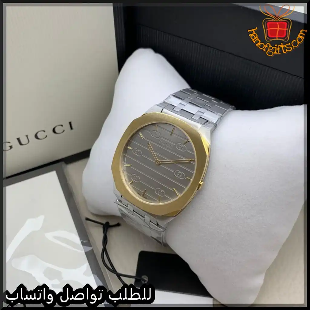 ساعة قوتشي رجالية فضية بإطار ذهبي