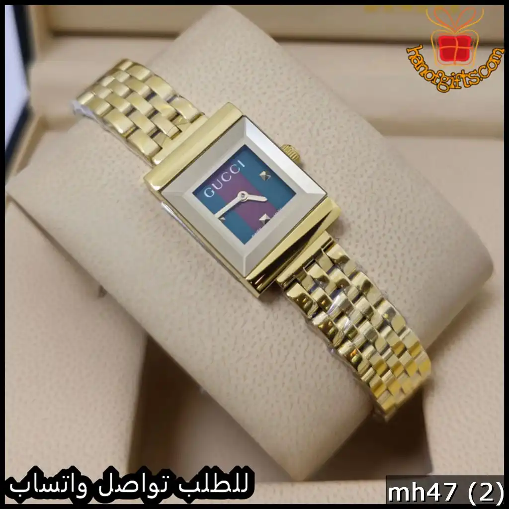 ساعة قوتشي بمينا ملون وإطار ذهبي