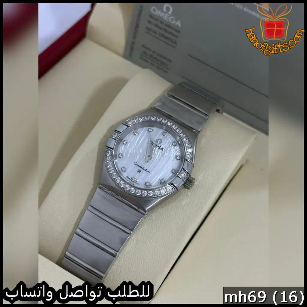 mh69 (16) ساعة اوميغا نسائي فضية مينا ابيض اطار فصوص