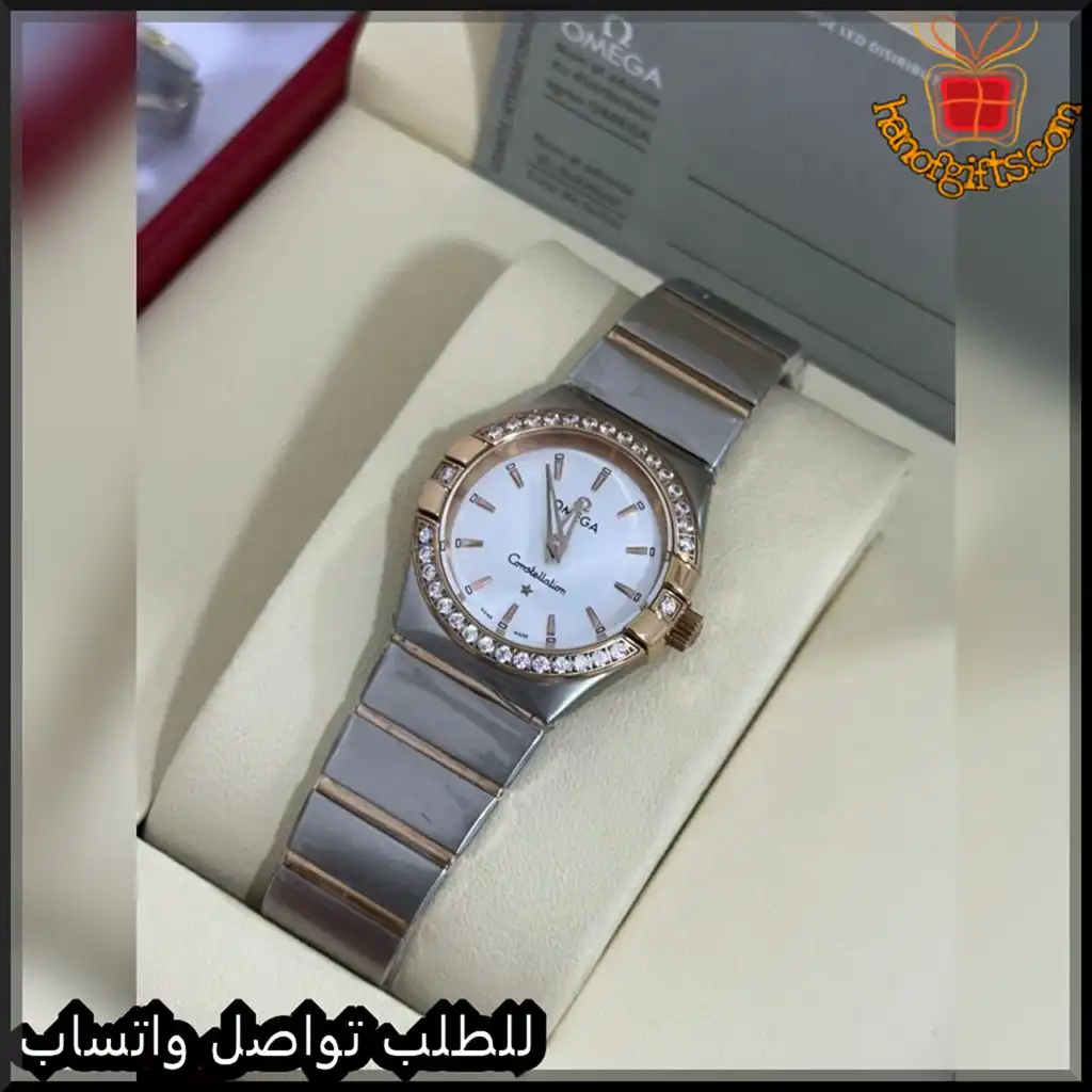 mh69 (7) ساعة أوميغا نسائية بمينا أبيض وإطار فصوص