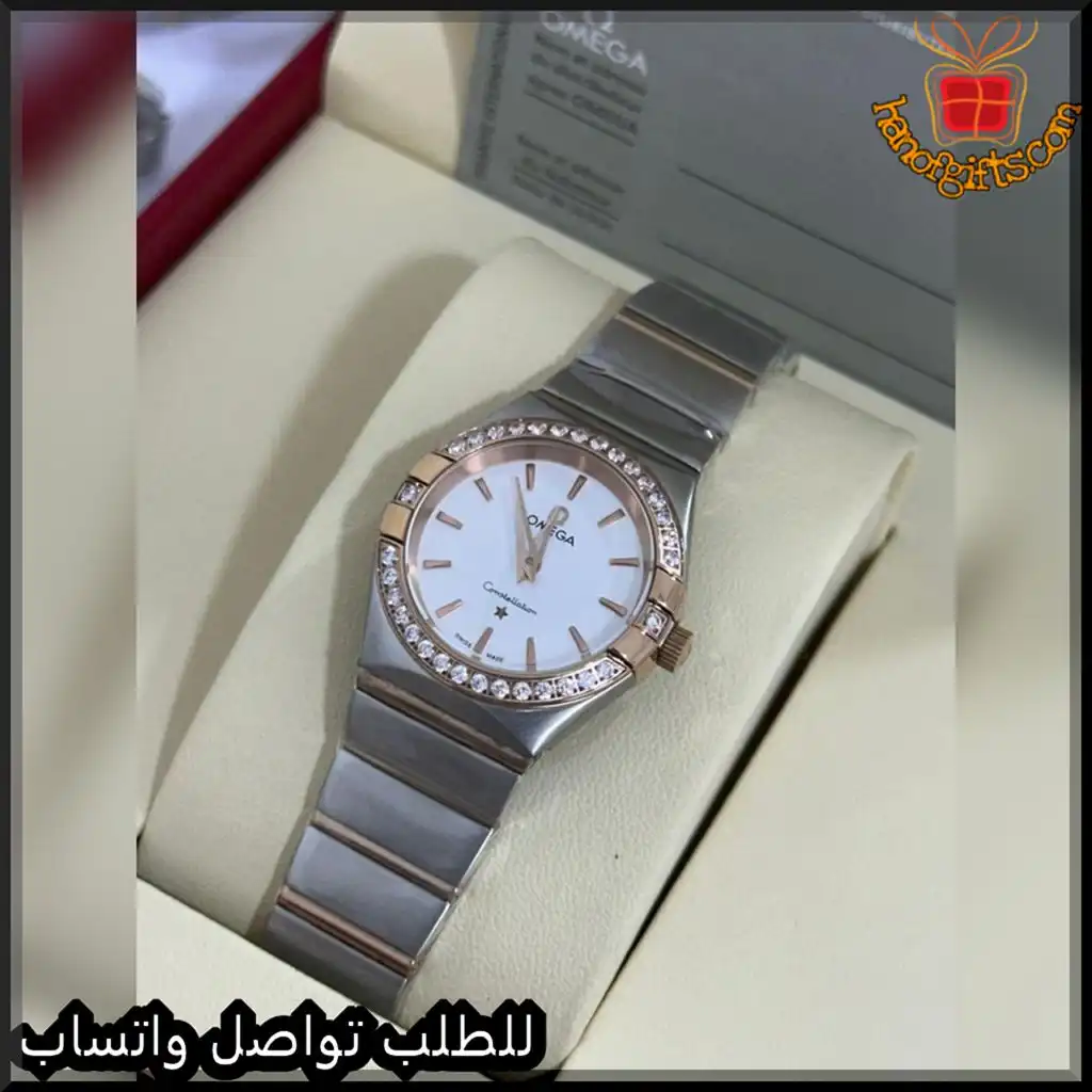 ساعة أوميغا نسائية بمينا أبيض وإطار فصوص