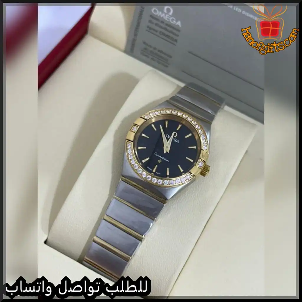 ساعة أوميغا النسائية مينا أسود – إطار ذهبي بفصوص