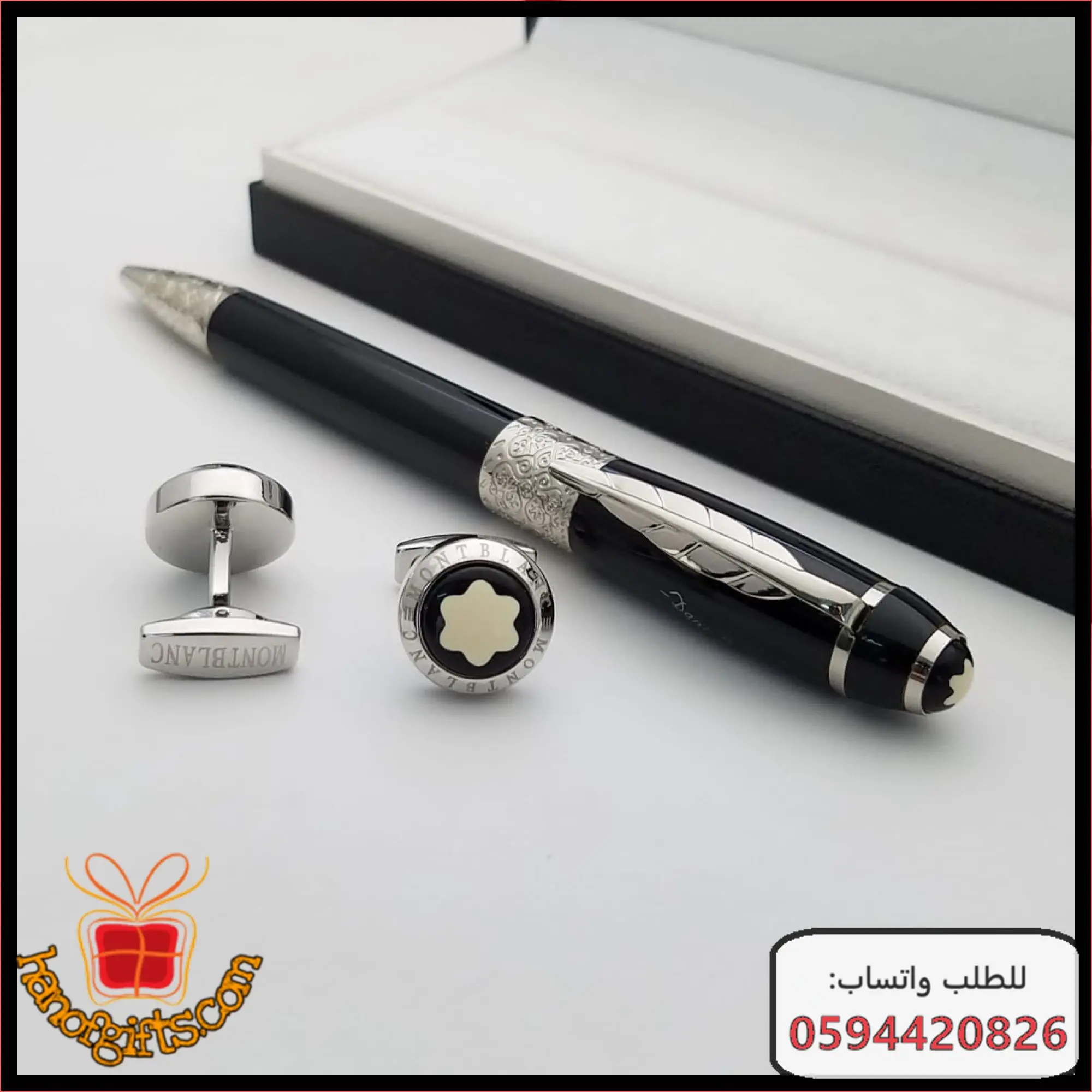قلم mont blanc اسود مع تفاصيل فضيه مع الكبك