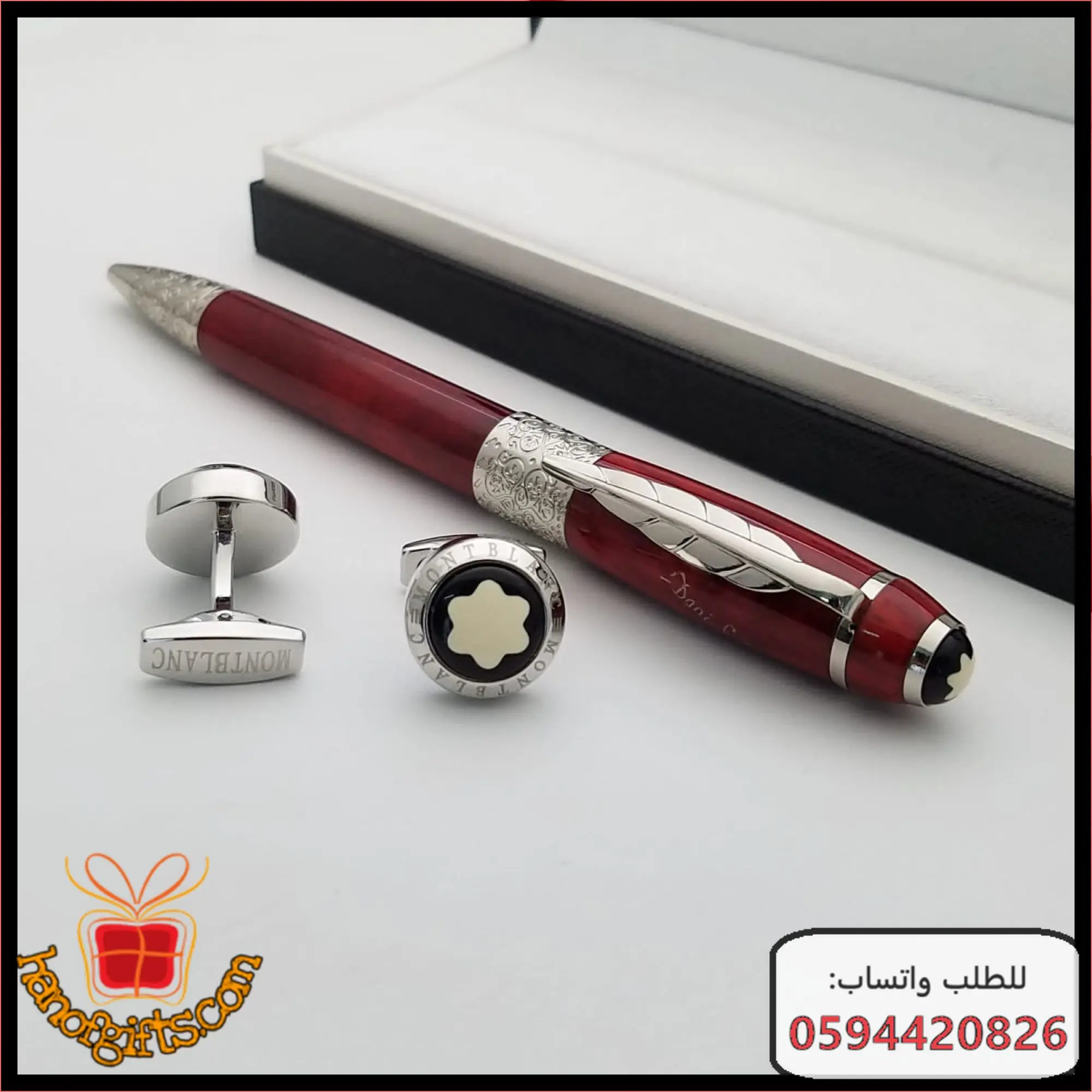 قلم مون بلان احمر مع تفاصيل فضيه