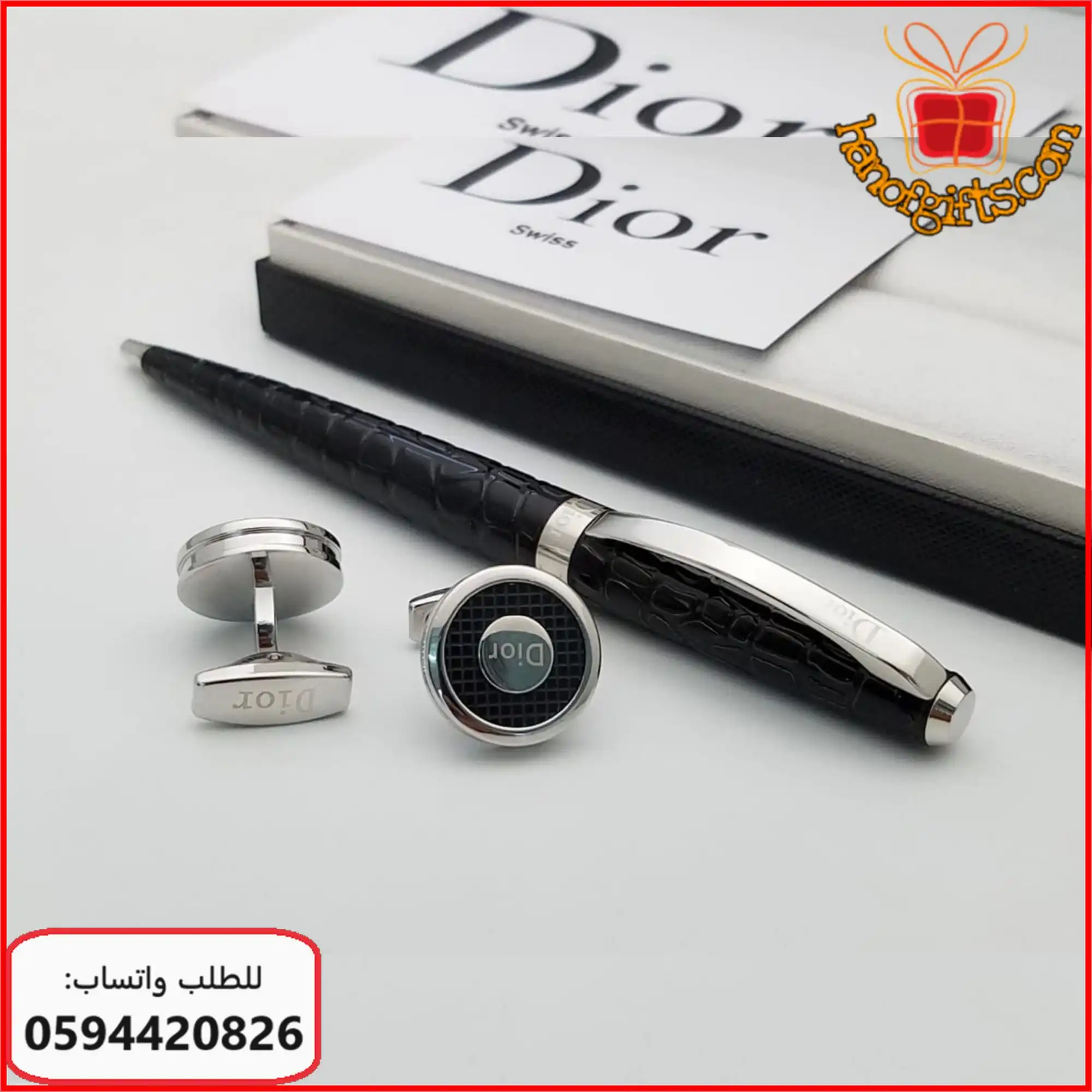 طقم قلم وكبك Dior اسود وفضي تصميم جلد