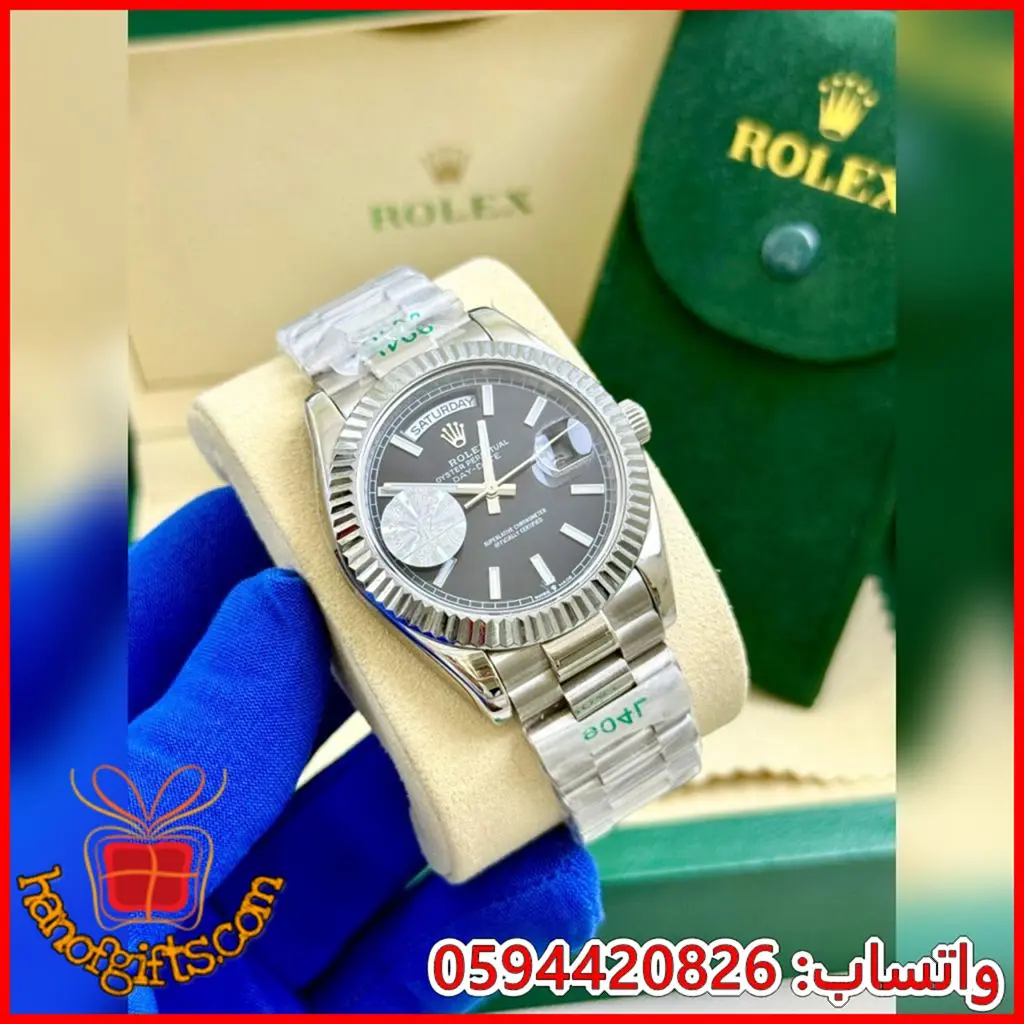ساعة Rolex Day-Date رجالية أوتوماتيك مينا أسود – ستيل بإطار مسنن فاخر مقاس 40 مم