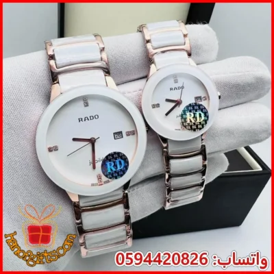 طقم ساعات Rado رجالي ونسائي سيراميك أبيض وذهبي