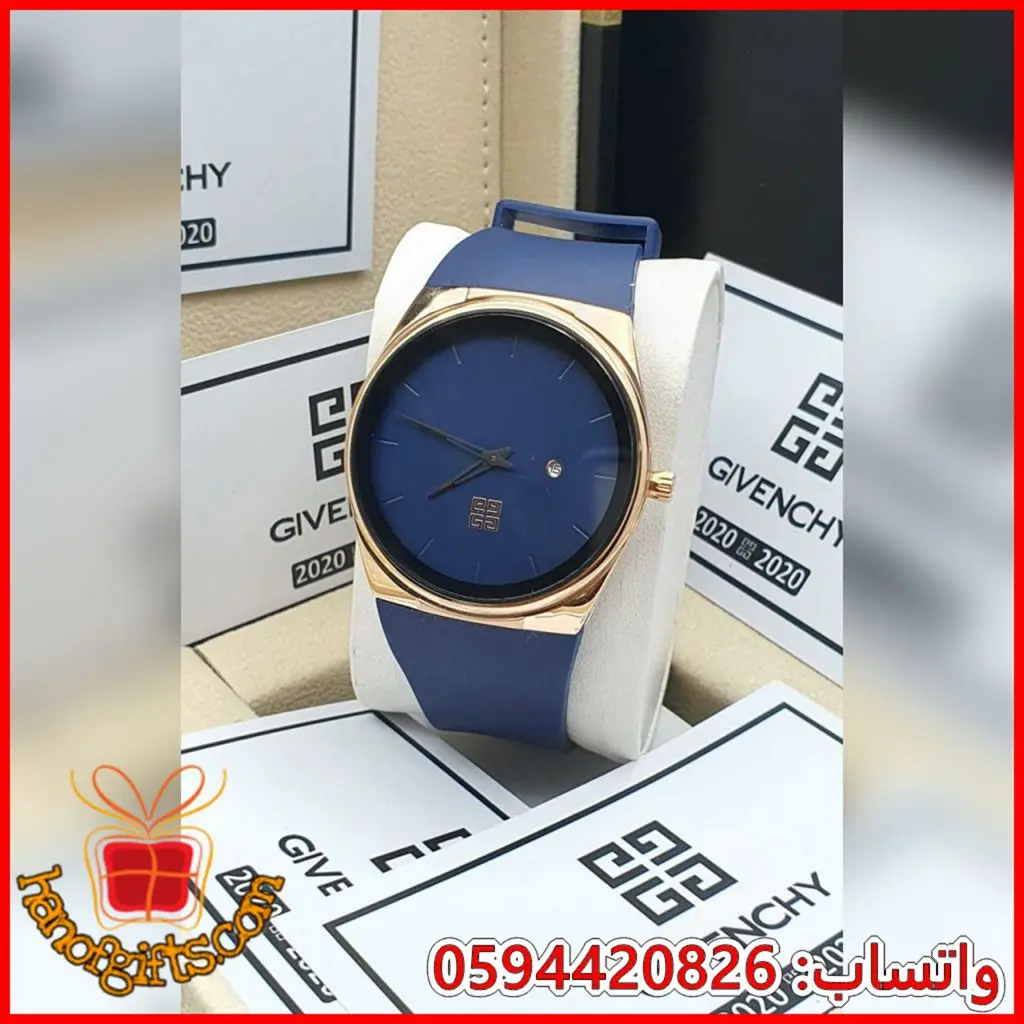 ساعة Givenchy رجالية زرقاء تصميم مينيمال بإطار ذهبي