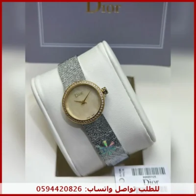 ساعة ديور نسائية بمينا ذهبي لؤلؤي واطار فصوص