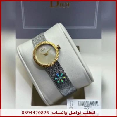 ساعة ديور نسائية بمينا لؤلؤي عاجي وإطار ذهبي