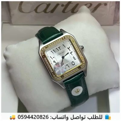 ساعة كارتير دومو نسائية جلد أخضر اطار ذهبي فصوص