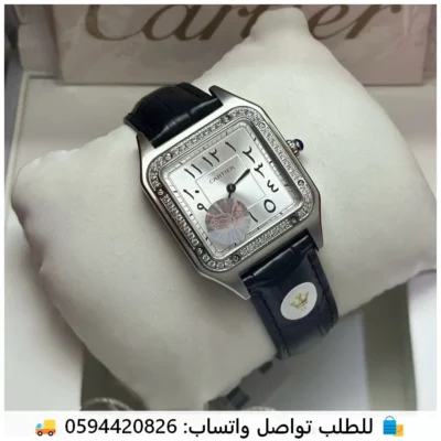 ساعة كارتير دومو نسائية جلد اسود اطار فصوص