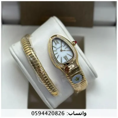 ساعة بلغاري سيربنتي ذهبية بمينا ابيض واطار فصوص ساعة بلغاري سيربنتي ذهبية بمينا ابيض واطار فصوص